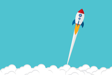 App launch. Startup vector concept, flat cartoon rocket or rocketship launch, mobile phone or smartphone, idea of successful business project start up, boost technology, innovation.