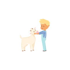 A cute little boy with a goat. Raster illustration in flat cartoon style