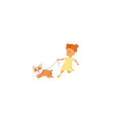 Cute little girl walking a dog . Raster illustration in flat cartoon style