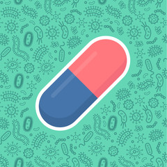 tablet pill protecting from virus, germs and bacteria. Green background. Flat style vector illustration. 