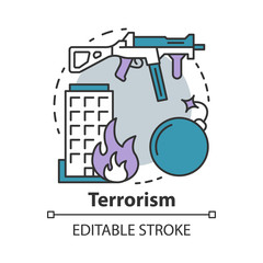Terrorism concept icon. Gun violence idea thin line illustration. War & terror. Terrorist military attack, explosion. Extremism. Rifle and bomb. Vector isolated outline drawing. Editable stroke