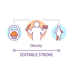 Obesity disease concept icon. Overweight problem idea thin line illustration. Unhealthy nutrition, junk food eating. Excessive weight, body fat. Vector isolated outline drawing. Editable stroke