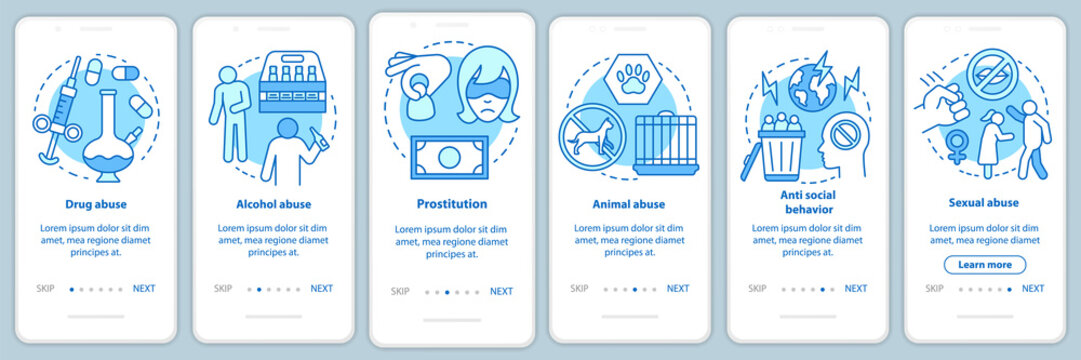 Behavioral Problems Onboarding Mobile App Page Screen With Linear Concept. Drug & Alcohol Abuse, Prostitution, Sexual Harassment Walkthrough Graphic Instructions. UX, UI, GUI Vector Template With Icon