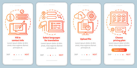 Translation service red onboarding mobile app page screen vector template. Upload file, contact info. Walkthrough website steps with linear illustrations. UX, UI, GUI smartphone interface concept
