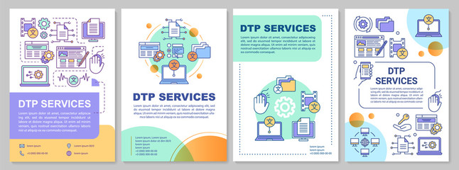 DTP services brochure template layout. Desktop publishing service. Flyer, booklet, leaflet print design with linear illustrations. Vector page layouts for magazines, reports, advertising posters