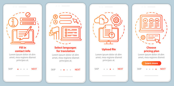 Translation service red onboarding mobile app page screen vector template. Upload file, contact info. Walkthrough website steps with linear illustrations. UX, UI, GUI smartphone interface concept
