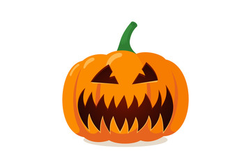 Scary pumpkin jack-o-lantern with creepy toothy smile. Traditional decoration symbol of halloween holiday celebration. Flat vector illustration isolated on white background