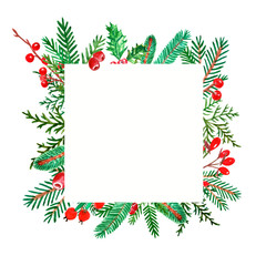 watercolor winter greenery frame for Christmas design. Hand painted evergreen spruce and pine tree branches with red berries. Holiday square border with space for text, isolated on white background.