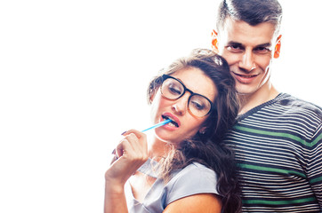 love affair at work, young pretty couple, man and woman together isolated on white background, office clerk, secretary seduces boss, lifestyle concept