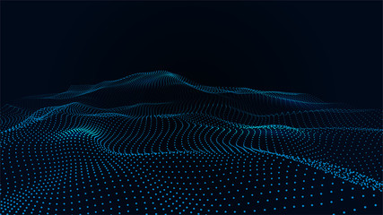 Abstract colour wave dots on black background. 3d. Big data. Network connection. Technology background.