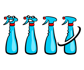 Spray detergent and spray detergent cartoon character, logo design. Household chemicals, cleanser and sprayer, vector design and illustration