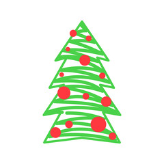 Vector illustration, Christmas tree icon. Hand drawn line sketched style. Isolated, on white background. Applicable as decorative element for interior designs, greeting postcards, posters, flyers etc.