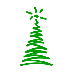 Vector illustration, Christmas tree icon. Hand drawn line sketched style. Isolated, on white background. Applicable as decorative element for interior designs, greeting postcards, posters, flyers etc.