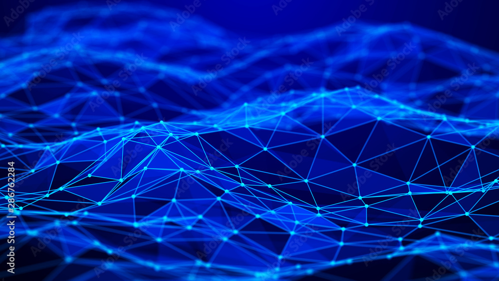 Poster Abstract polygonal space. Connection dots and lines structure. Digital background. Triangular business wallpaper. 3d