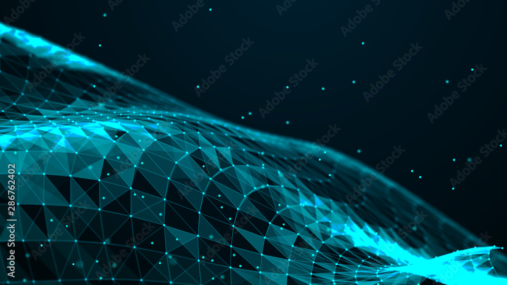 Poster Abstract polygonal space. Connection dots and lines structure. Digital background. Triangular business wallpaper. 3d