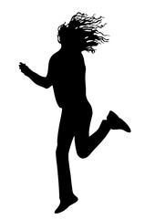 Black silhouette of a young joyful girl  on a white background, which bounces and she develops curly hair
