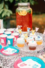 Boy or girl cake and different treats for baby shower party on table outdoors