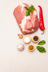 Raw pork meat sirloin with fresh vegetables and dry spice