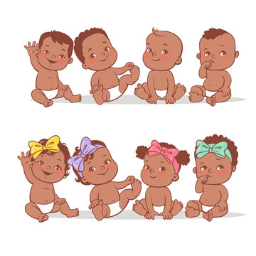 Happy little babies sit, play, waving hands, smiling.