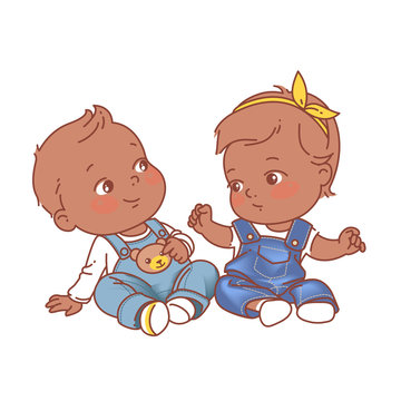 Cute little baby girl and boy sitting on white background, wearing jeans. 