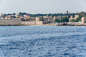 Views of the island of Rhodes while walking on a ship on the Aegean Sea.