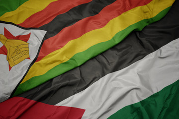 waving colorful flag of palestine and national flag of zimbabwe.