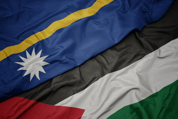 waving colorful flag of palestine and national flag of Nauru .