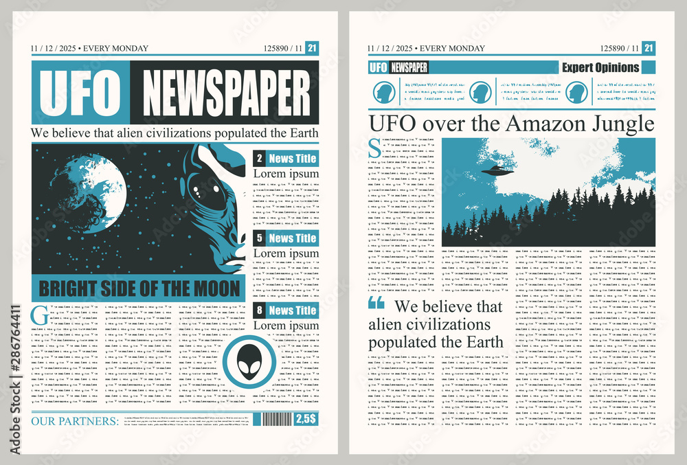 Poster vector template for the layout of the newspaper on the subject of ufos. newspaper columns with unrea