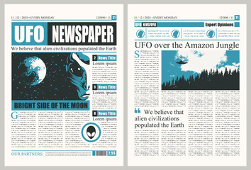 Vector template for the layout of the newspaper on the subject of UFOs. Newspaper columns with unreadable text, headlines and illustrations on the theme of extraterrestrial civilizations, alien, UFO © paseven