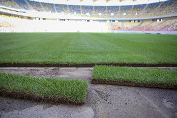 Details with the freshly installed and trimmed new turf on a soccer stadium