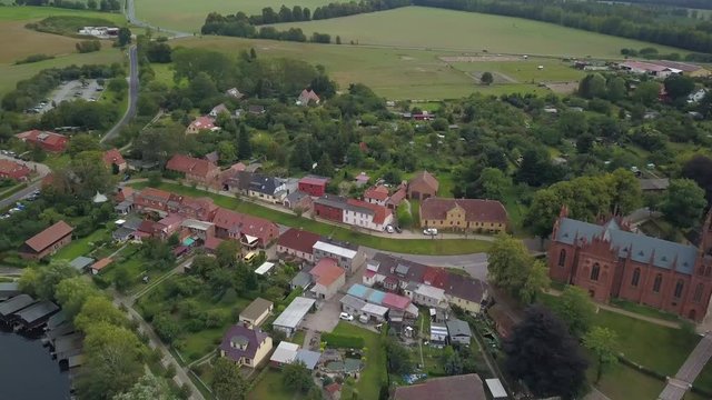 Aerial panoramic view of the beautiful town of Malchow in the Mecklenburg Lake District, Germany