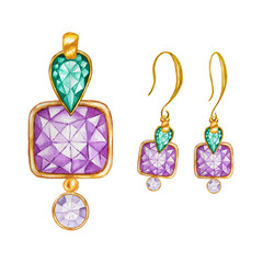 Green, purple crystal square gemstone beads with gold element. Watercolor drawing golden Pendant and earrings on white background. Beautiful jewelry set.