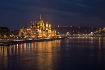 Aerial view of Budapest parliament and the Danube river at sunset, Hungary.