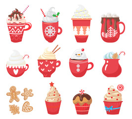 Set with winter hot drinks and dessert. Menu. Collection Christmas with funny cups and mug. Cacao, tea, coffee, milk, cookie, candy. Vector illustration