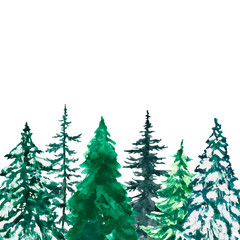 Fototapeta premium Winter greenery forest border on white background. Watercolor hand painted snowy pine and spruce trees illustration. Coniferous tree landscape frame for Christmas design, cards.