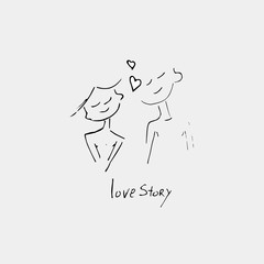 Love story, handwritten inscription and drawing of a couple in love