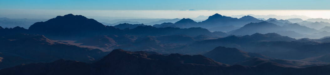 Fototapeta premium Egypt. Mount Sinai in the morning at sunrise. (Mount Horeb, Gabal Musa, Moses Mount). Pilgrimage place and famous touristic destination.