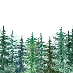 Fototapete Rund Watercolor winter forest with evegreen pine trees and falling snow. Hand painted spruce and pine trees illustration. Landscape scene for Christmas cards, banners. Holiday design. © Anna Nekotangerine