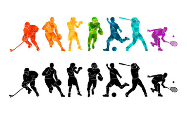 Color sport background. Football, basketball, hockey, box, \nbaseball, tennis. Vector illustration colorful silhouettes athletes