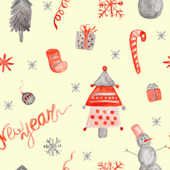 Happy new year concept with snowman, tree, snow - watercolor seamless pattern on yellow