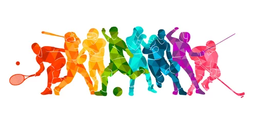 Rolgordijnen Color sport background. Football, basketball, hockey, box, \nbaseball, tennis. Vector illustration colorful silhouettes athletes © Razym