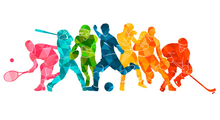 Color sport background. Football, basketball, hockey, box, \nbaseball, tennis. Vector illustration colorful silhouettes athletes - obrazy, fototapety, plakaty