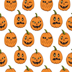Halloween pattern pumpkin different emotions isolated transparent background vector illustration for design and decoration