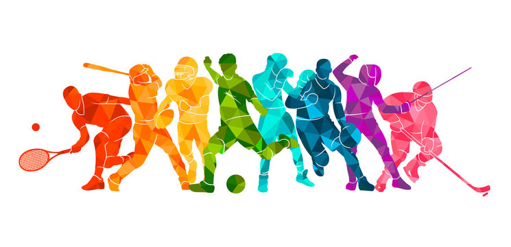 Color sport background. Football, basketball, hockey, box, \nbaseball, tennis. Vector illustration colorful silhouettes athletes