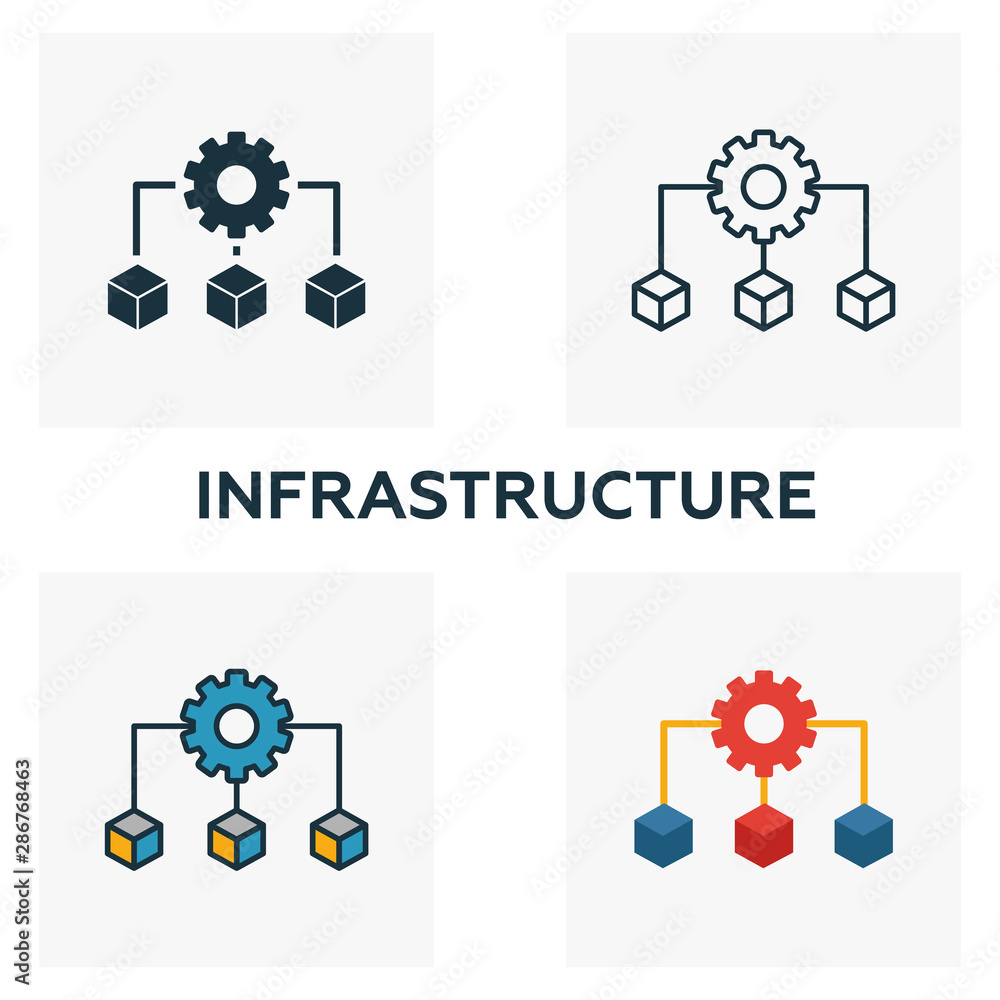 Poster infrastructure icon set. four elements in diferent styles from community icons collection. creative 