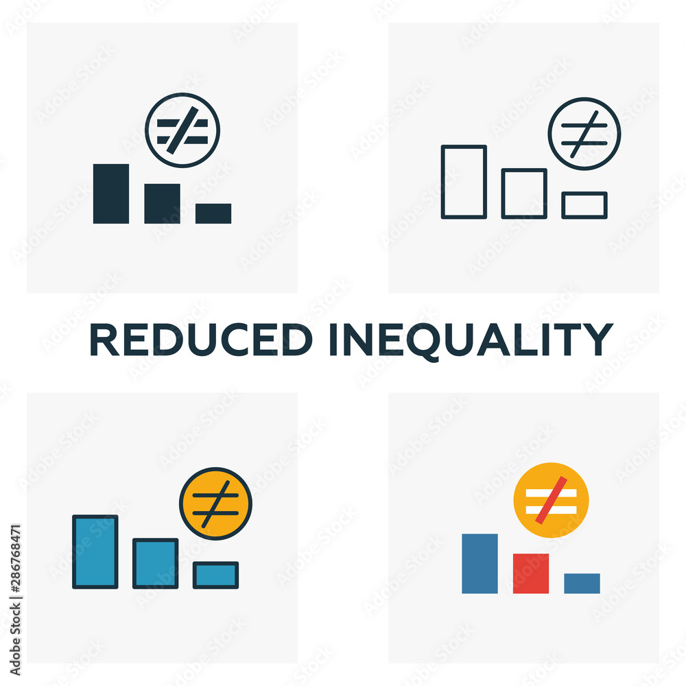 Poster reduced inequality icon set. four elements in diferent styles from community icons collection. creat