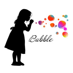 Silhouette of a girl blowing soap bubbles. Vector illustration