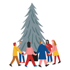 Friends round dancing around the Christmas tree. Friends preparing for Christmas party. Khorovod around fir-tree. Flat cartoon vector illustration