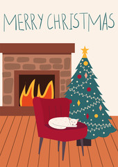 Very cute white cat sleeping in the chair. Beside him a decorated Christmas tree. Behind is a fireplace. Flat cartoon vector illustration.