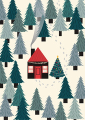 Decorated house in woods. House with red roof surrounded by trees and the decorated tree beside it. Merry Christmas. Flat cartoon vector illustration